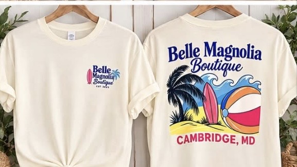 Beach ball and surfboard design on a cream tee, front and back