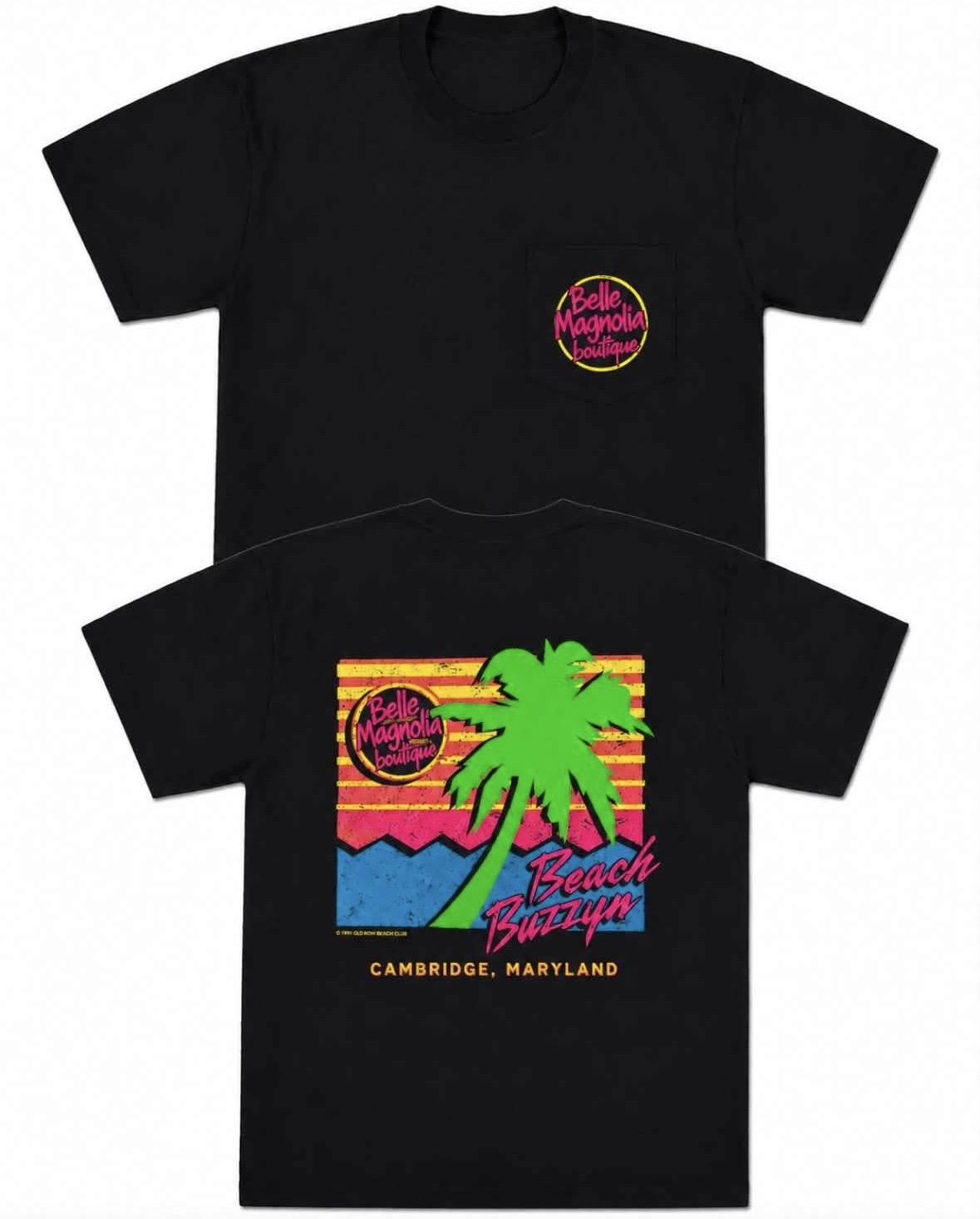 Beach Buzzin' black tee, front and back, featuring bright neon palm tree artwork