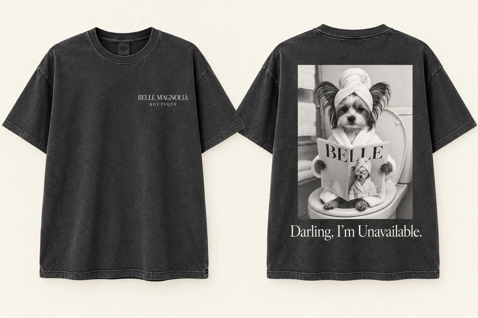 Front and back black Belle Magnolia shirt mockup featuring Belle reading her BELLE magazine and the phrase Darling, I'm Unavailable