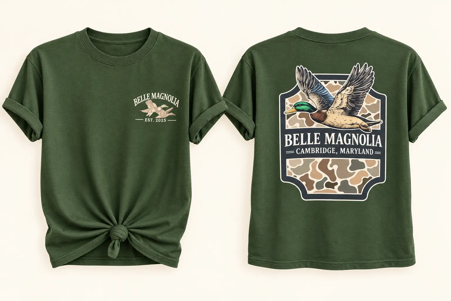 Camo Mallard forest green shirt front and back mockup