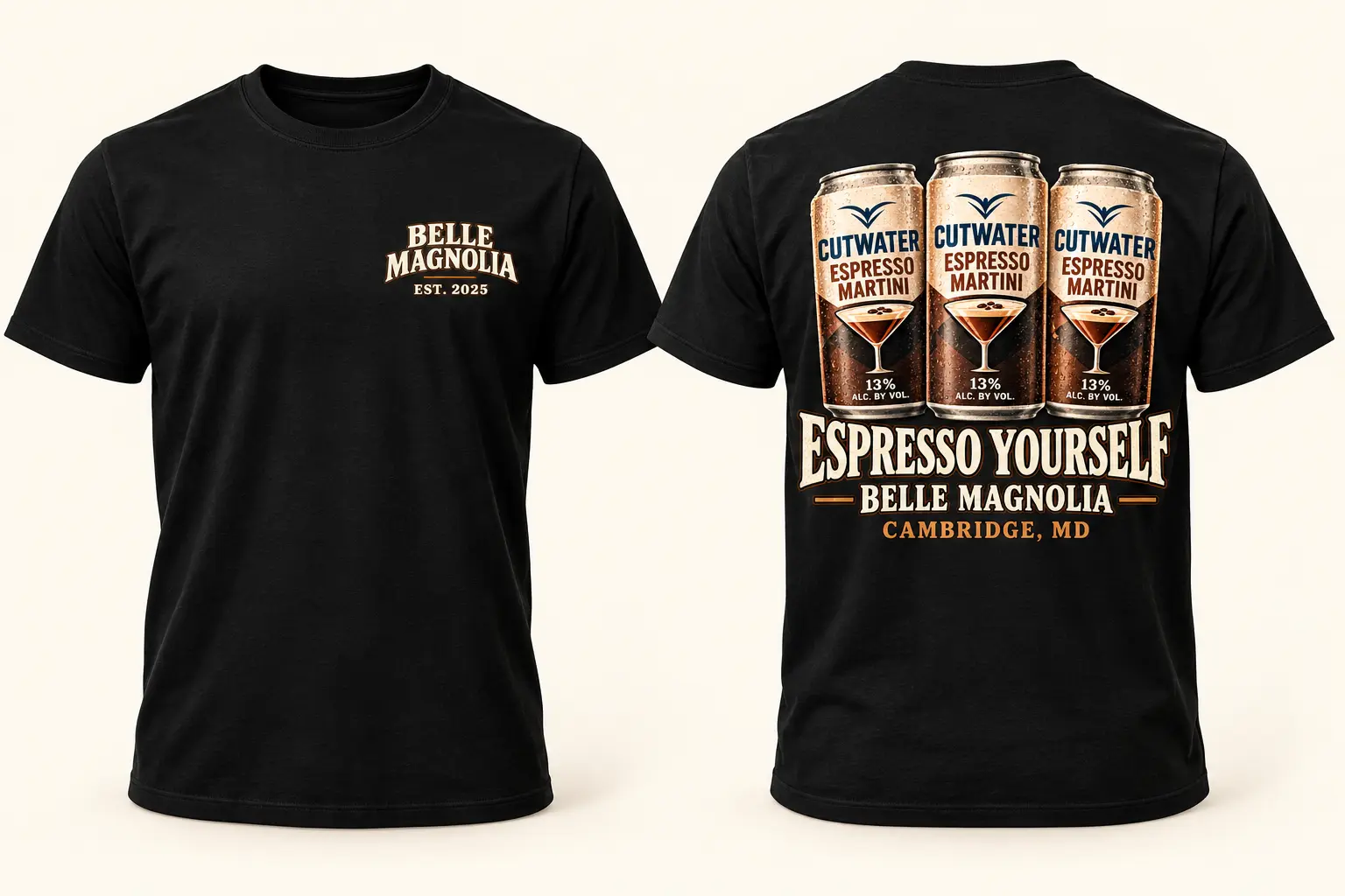 Espresso Yourself black tee front and back with small Belle Magnolia front chest logo and espresso martini back design