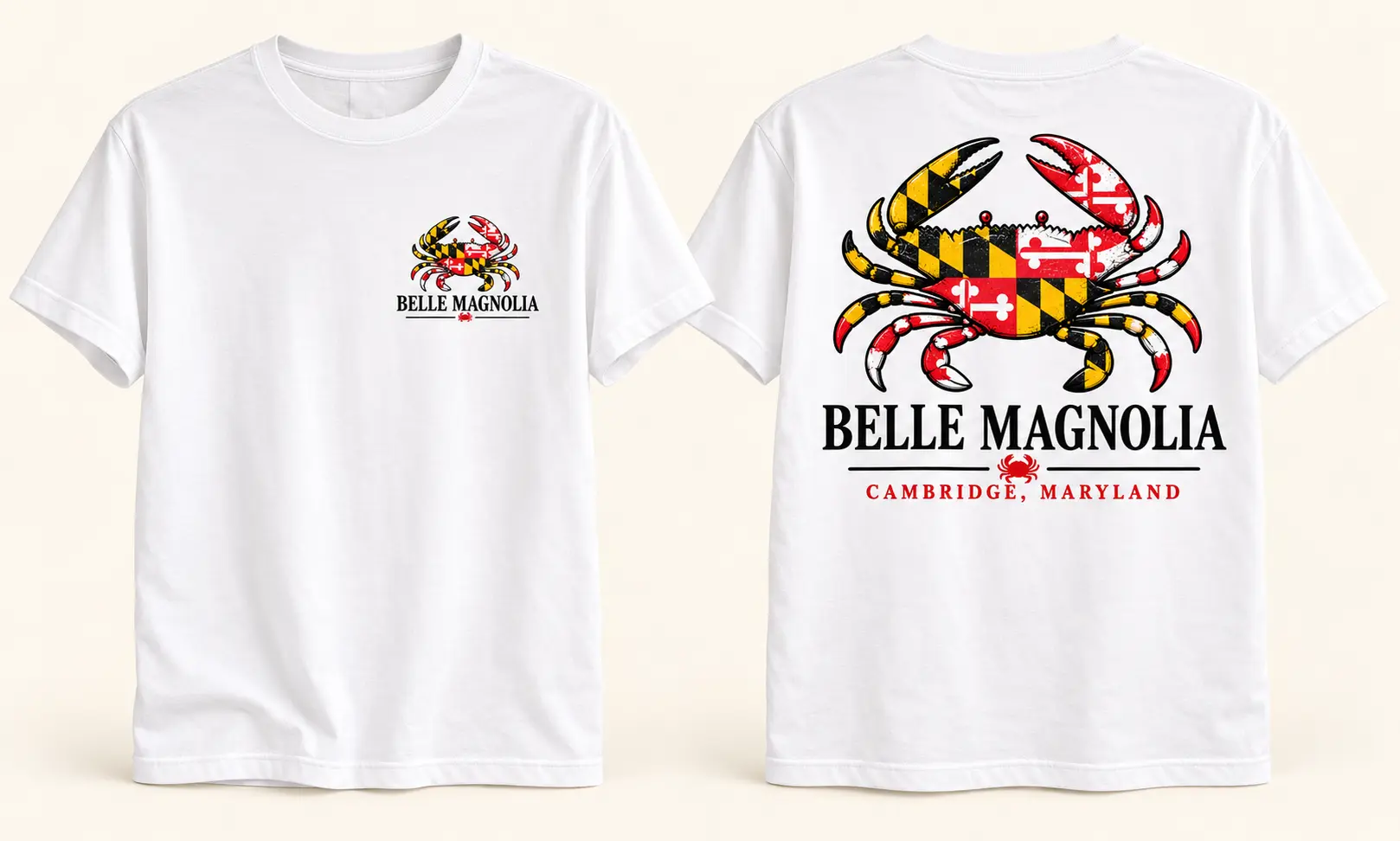 Maryland Blue Crab white shirt front and back mockup