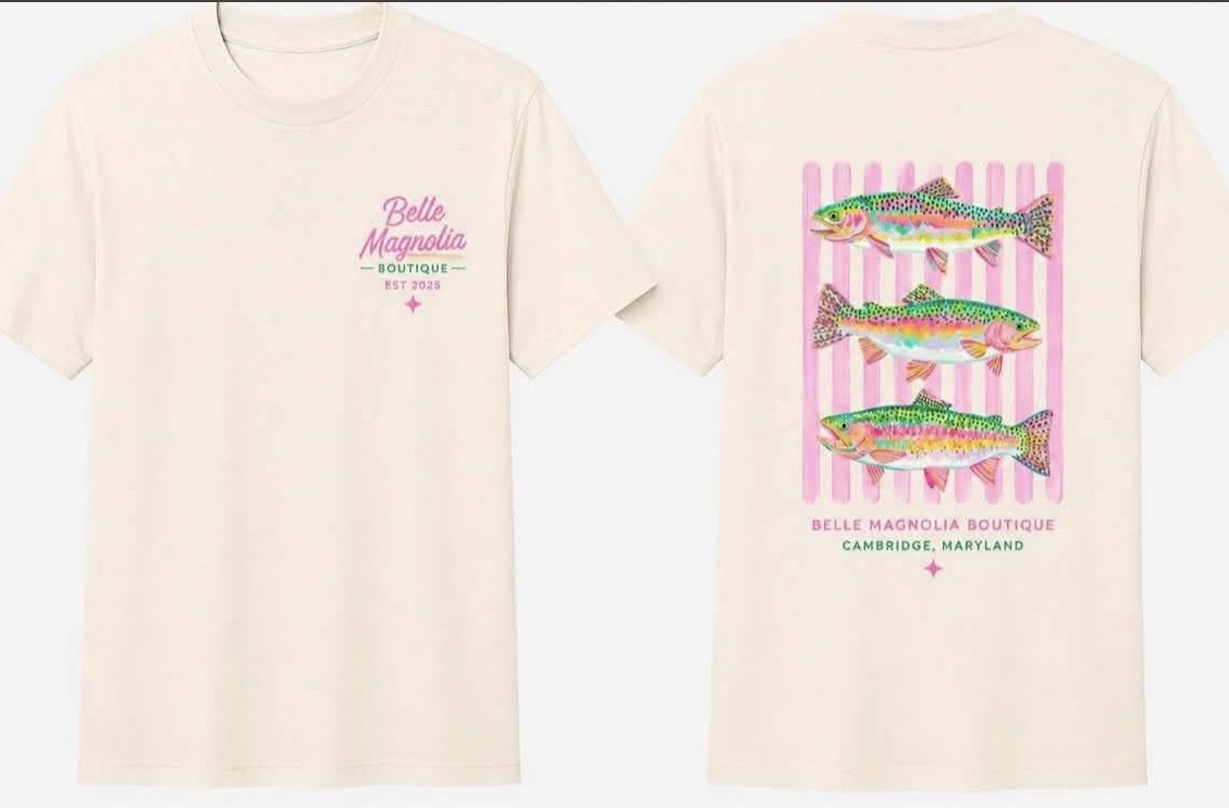 Rainbow Trout colorful fish design on ivory tee, front and back