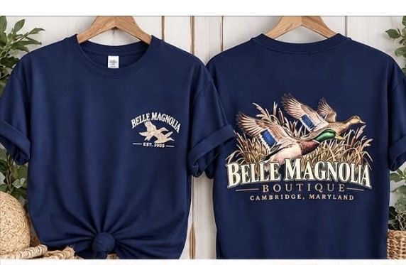 Flying waterfowl artwork on a navy tee, front and back