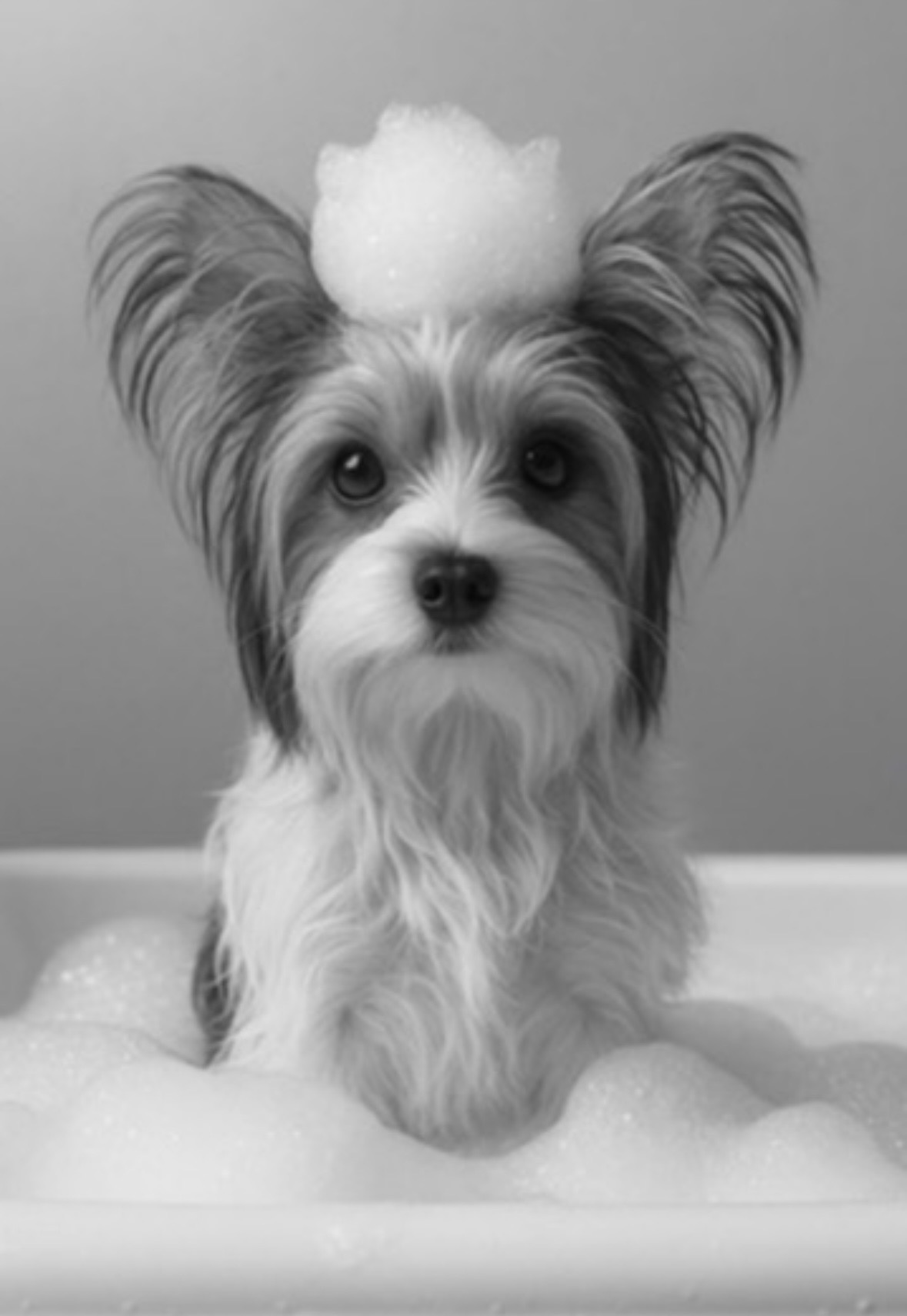 Whimsical black-and-white portrait of Belle enjoying a bubble bath