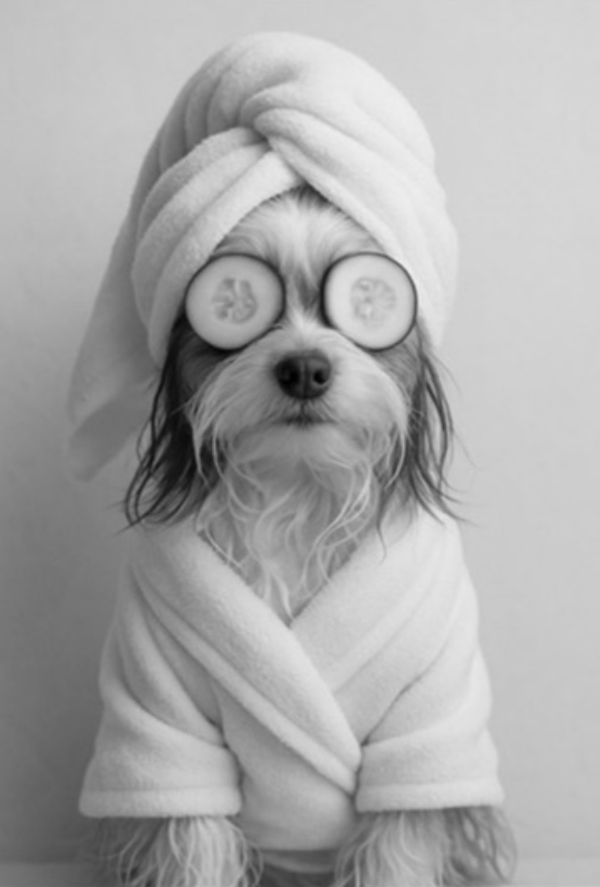 Whimsical portrait of Belle in a spa towel with cucumber eye masks