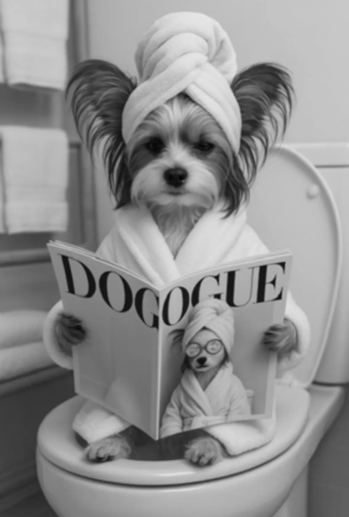 Belle in a spa robe and towel reading DOGOGUE magazine