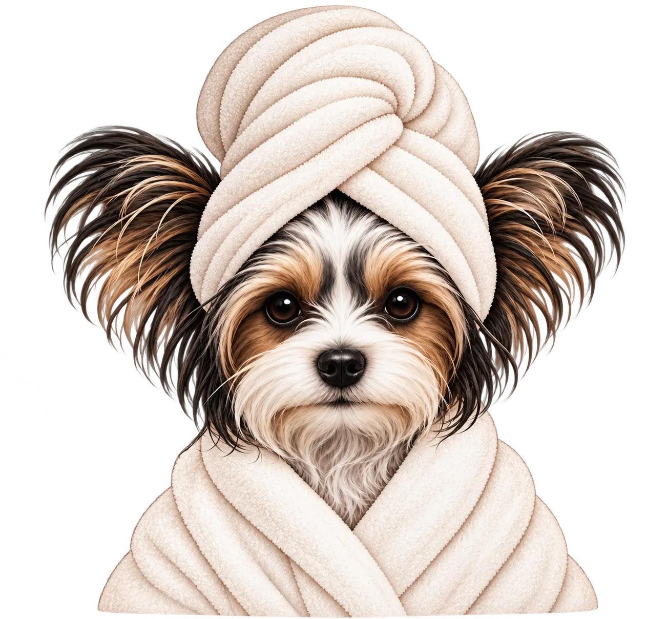 Belle Magnolia, the beloved Yorkie behind the boutique, in her fluffy ivory towel and robe