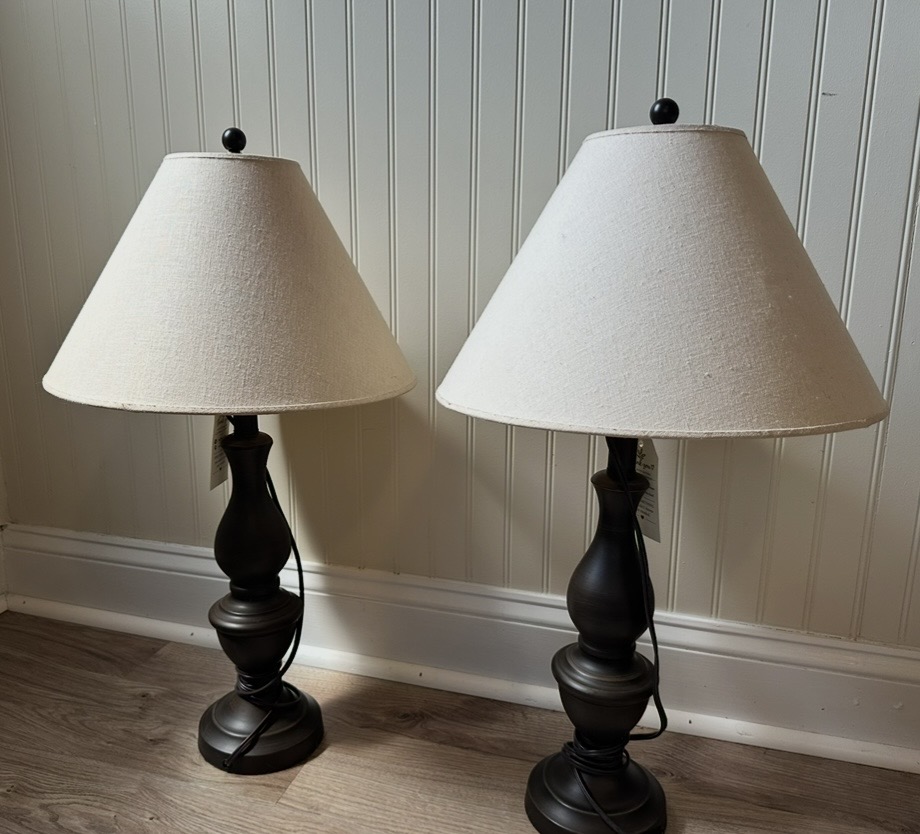 Matching dark table lamps with cream fabric shades