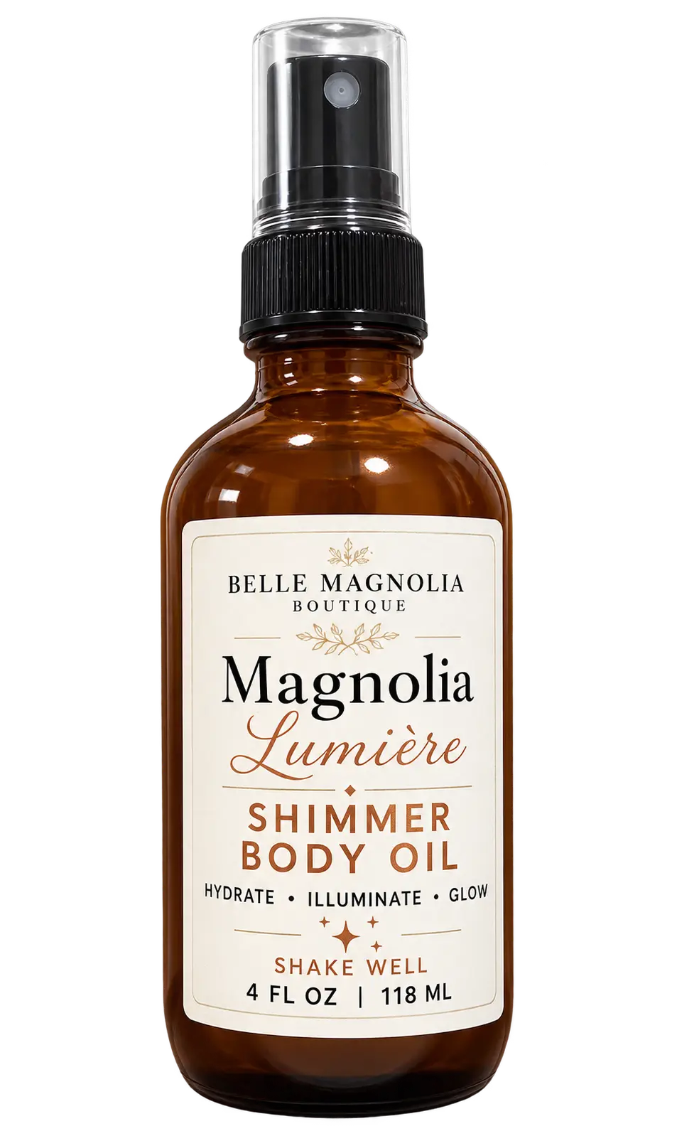 Belle Magnolia Magnolia Lumière Shimmer Body Oil in amber spray bottle