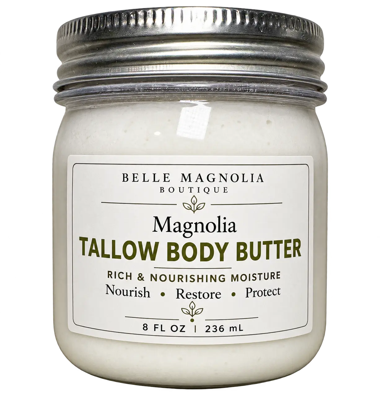 Belle Magnolia Tallow Body Butter in 8 ounce jar with silver lid
