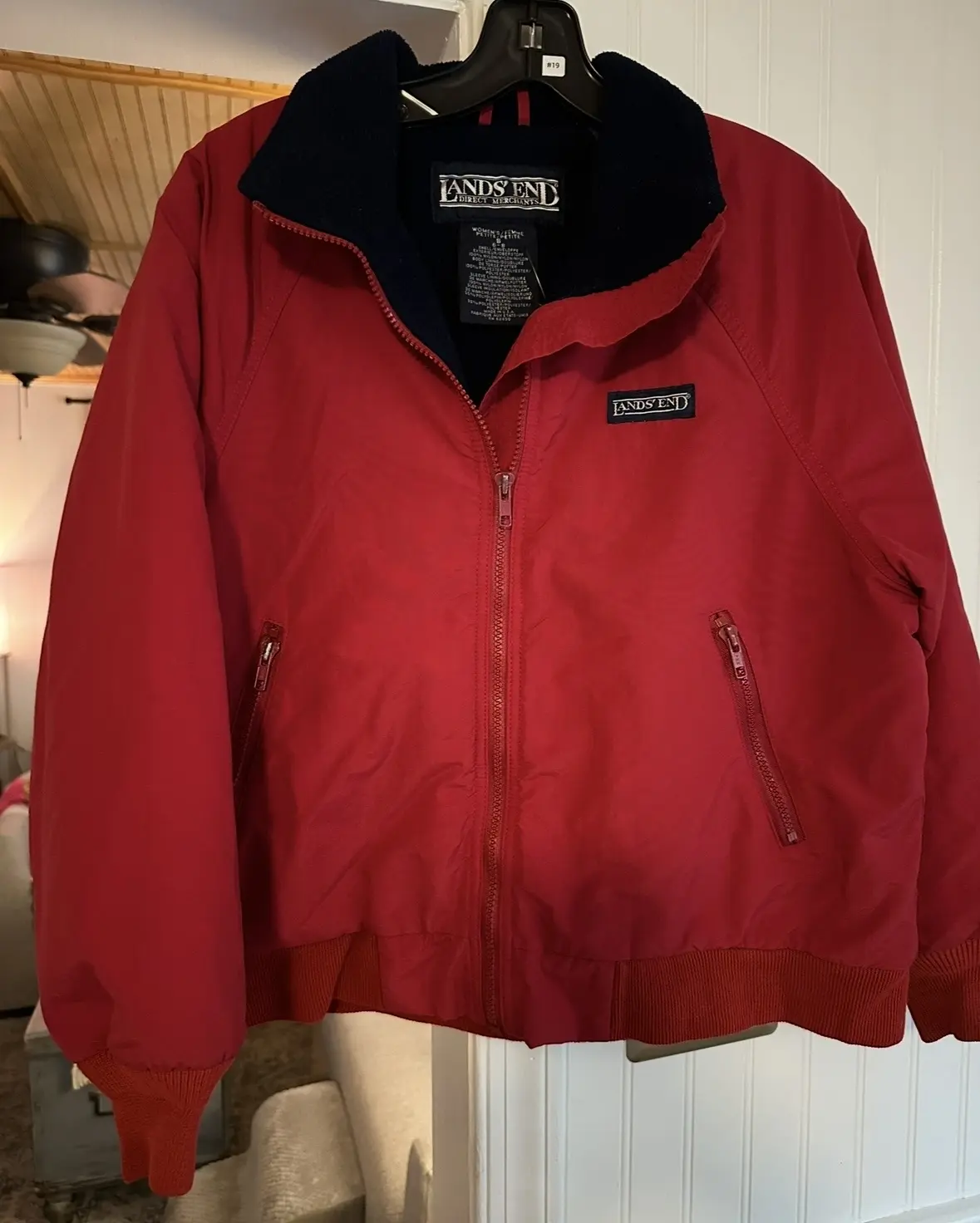 Bright red Lands' End zip jacket with dark fleece-look collar