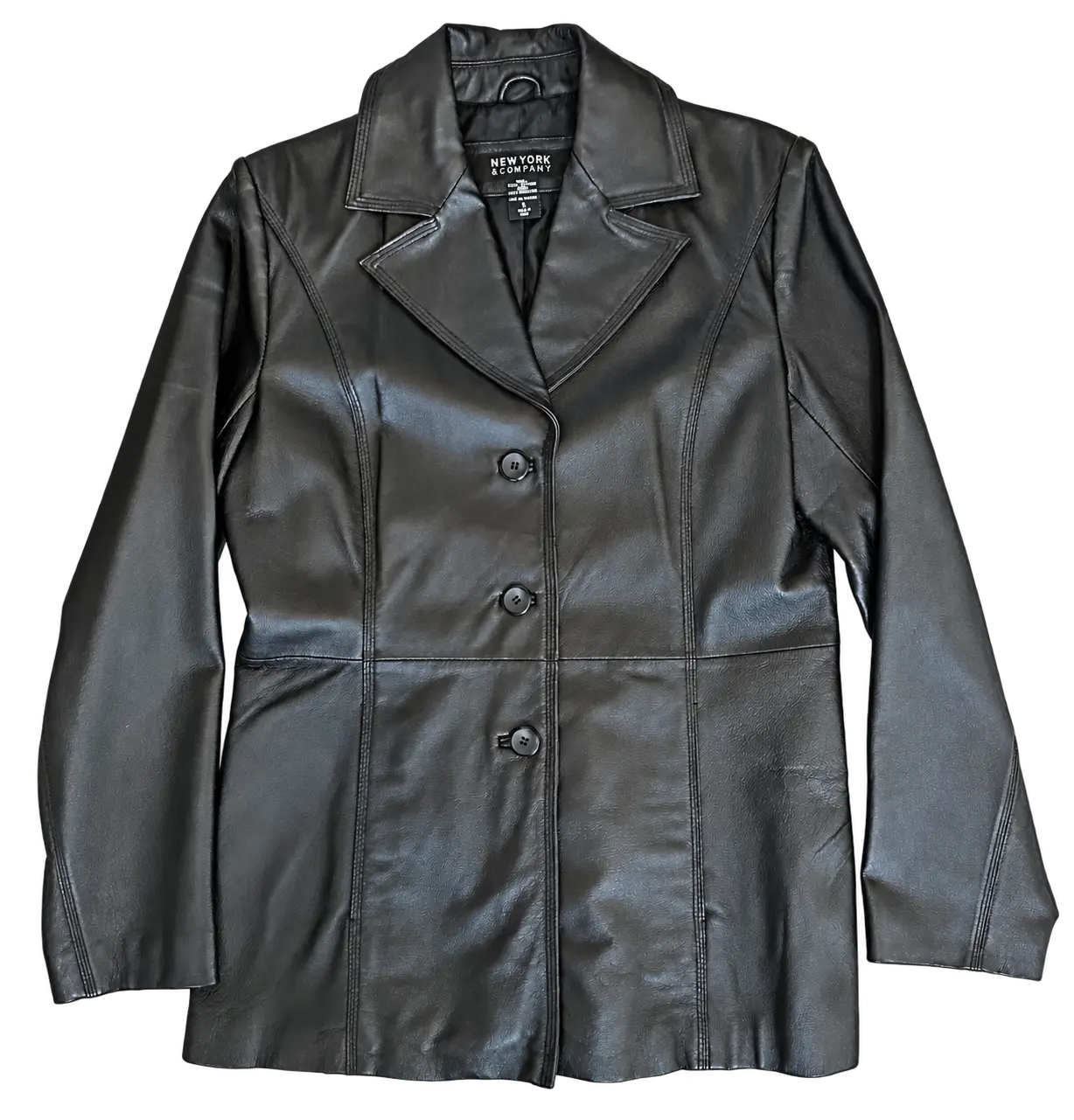 Background-free front of black New York & Company genuine leather tailored jacket