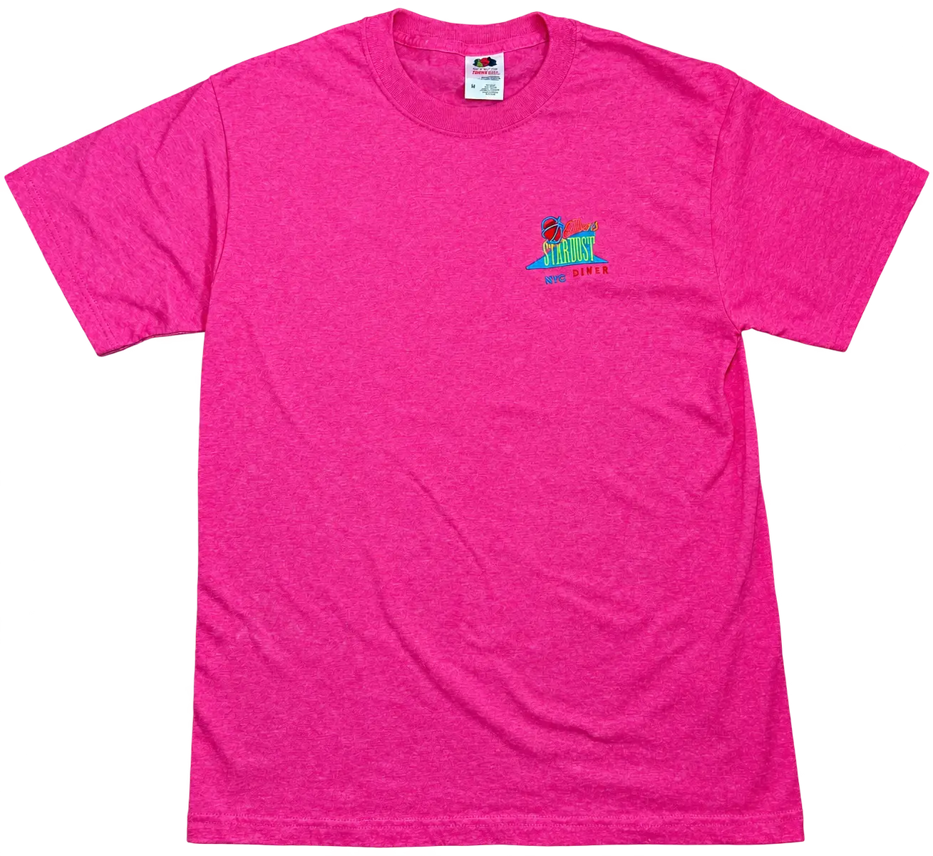Background-free front view of hot-pink Ellen's Stardust Diner NYC embroidered tee